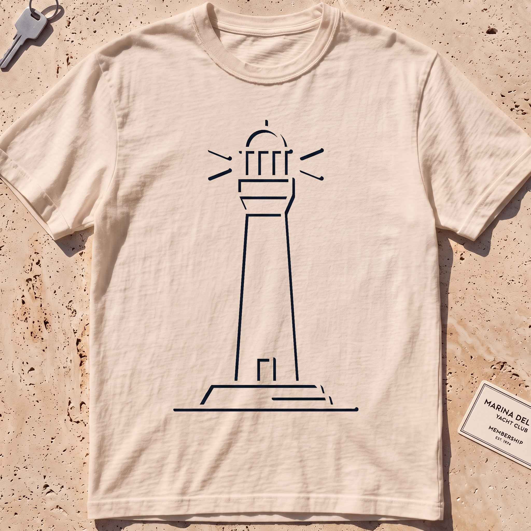 ivory heavyweight tee with a single-line lighthouse graphic.