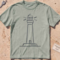 bay heavyweight tee with a single-line lighthouse graphic.