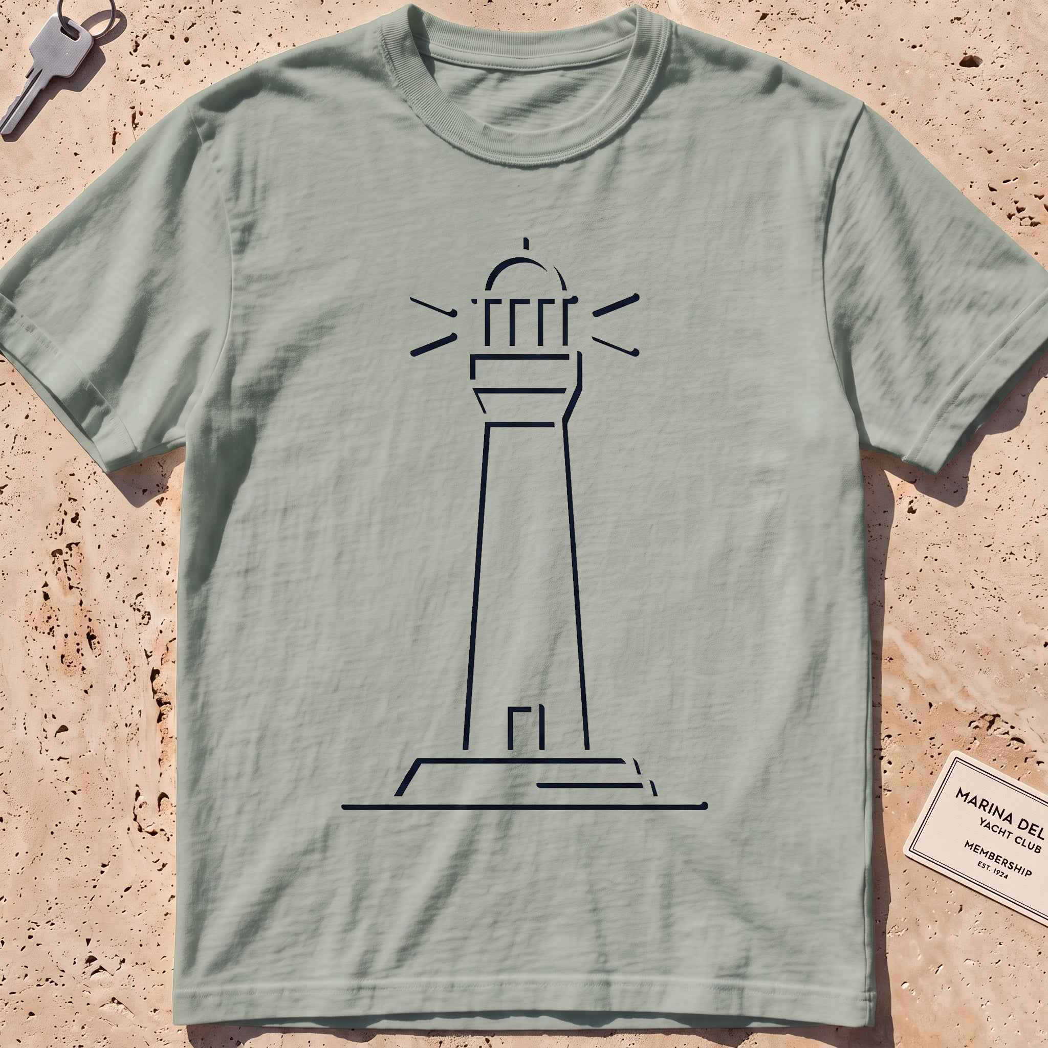 bay heavyweight tee with a single-line lighthouse graphic.