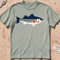 bay heavyweight tee with a flat-geometric striped bass graphic.