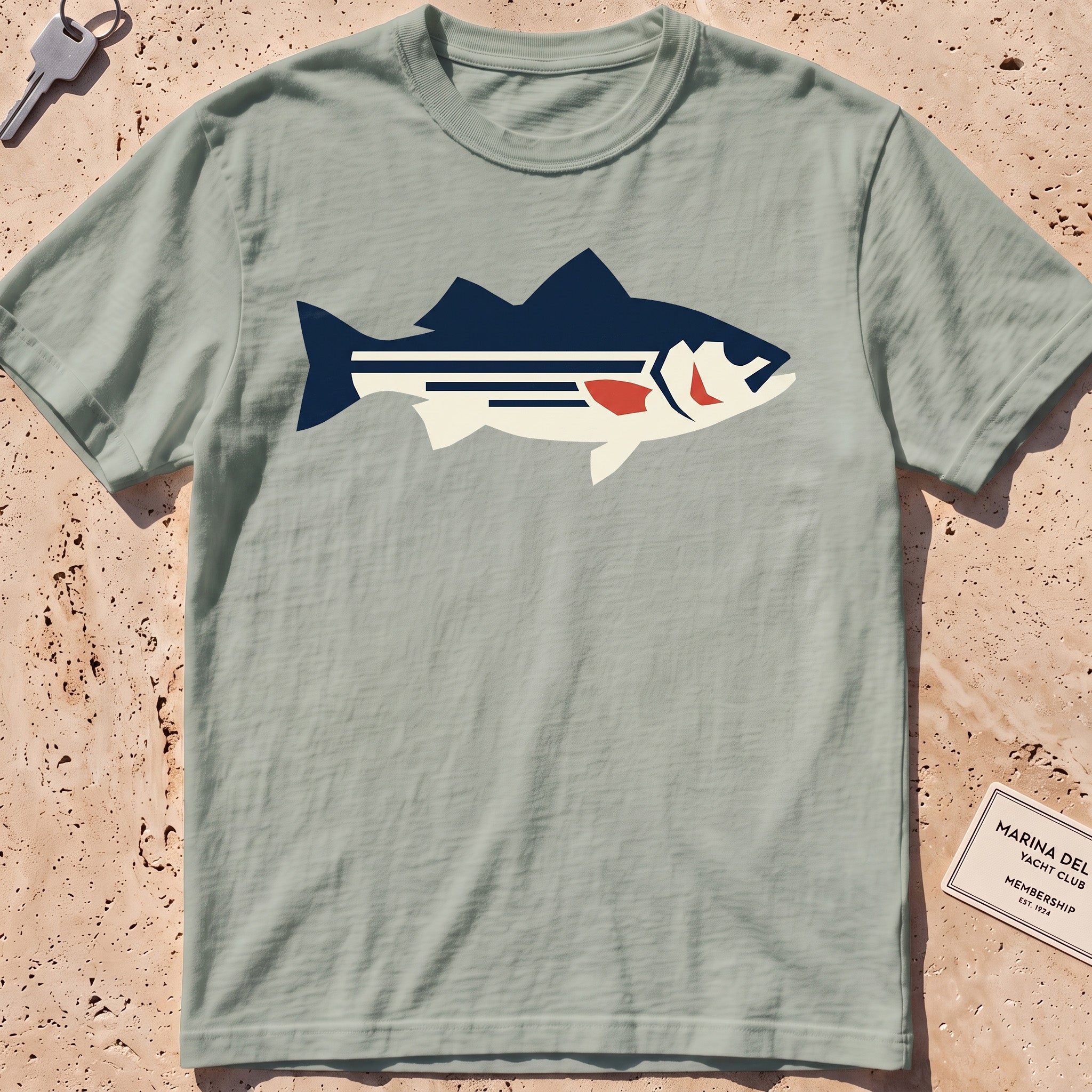 bay heavyweight tee with a flat-geometric striped bass graphic.