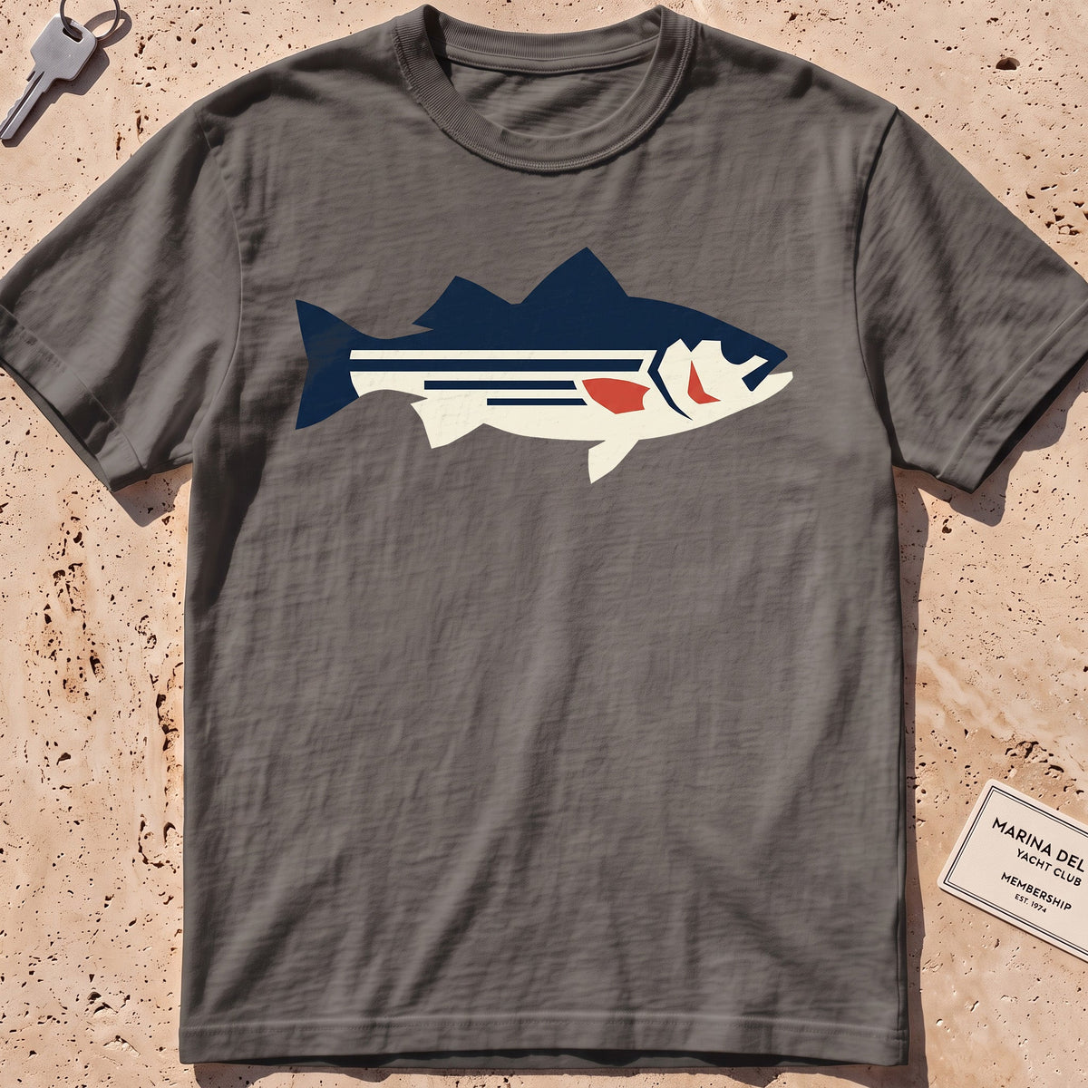 pepper heavyweight tee with a flat-geometric striped bass graphic.