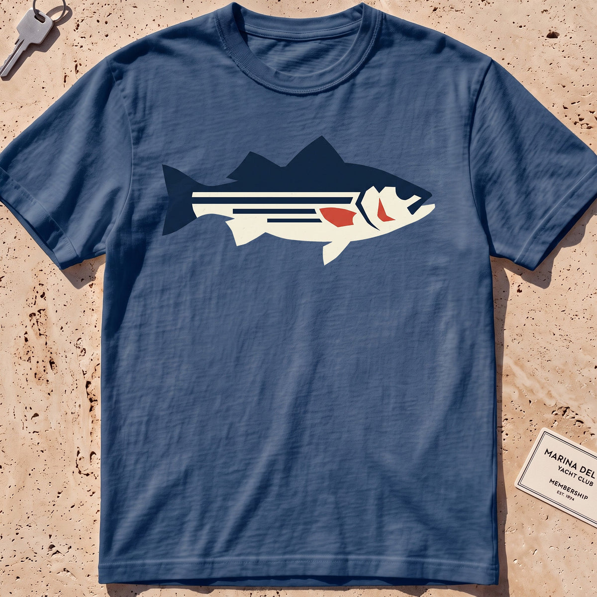 midnight heavyweight tee with a flat-geometric striped bass graphic.