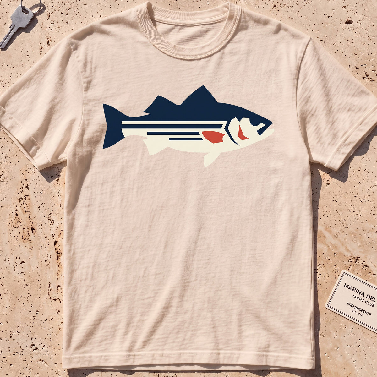 ivory heavyweight tee with a flat-geometric striped bass graphic.