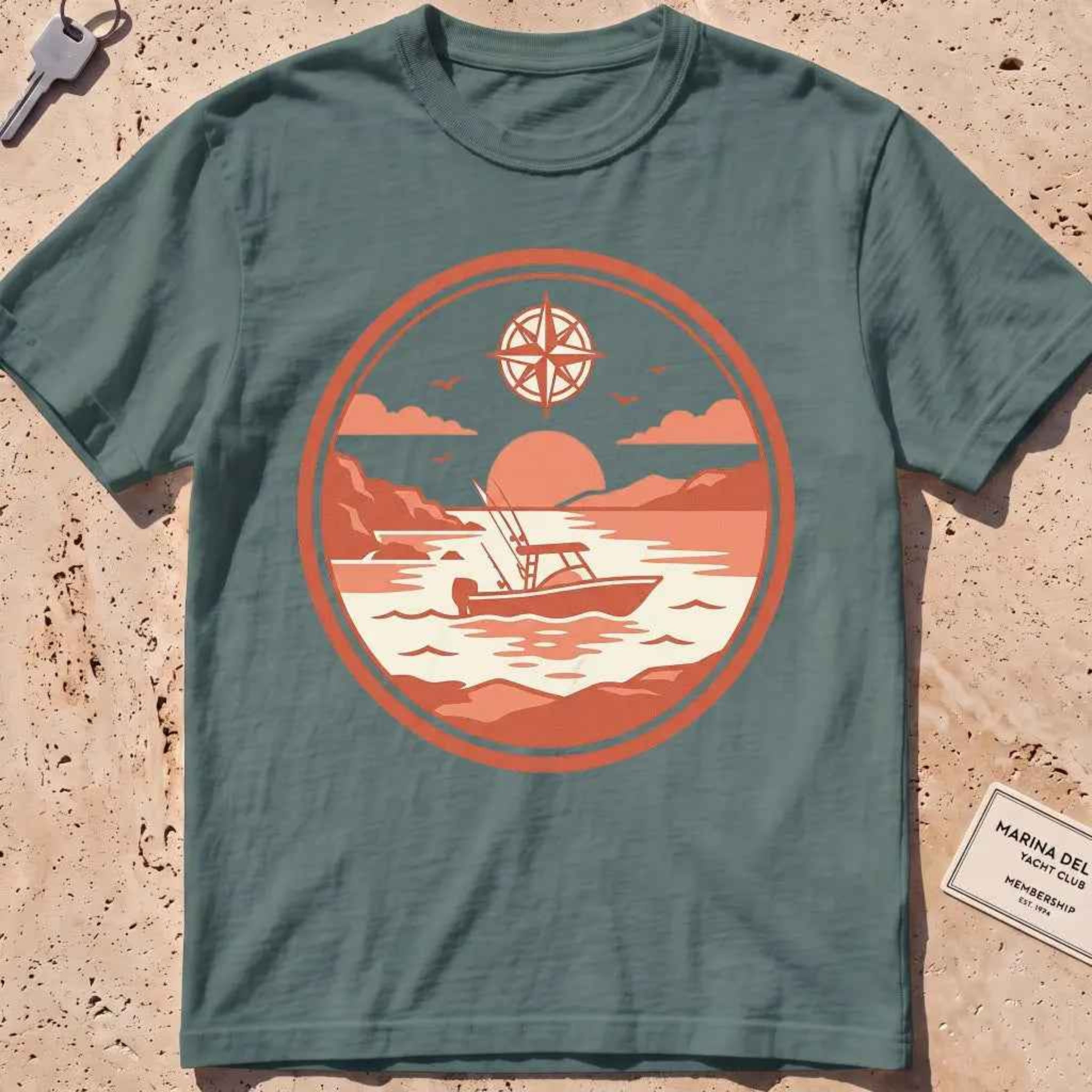 blue spruce heavyweight tee with a circular sportfisher "Sunset Run" sunset badge.