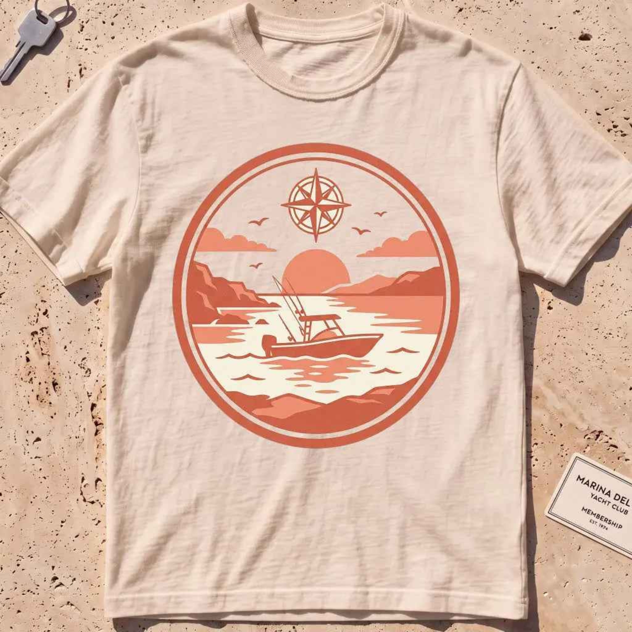 ivory heavyweight tee with a circular sportfisher "Sunset Run" sunset badge.
