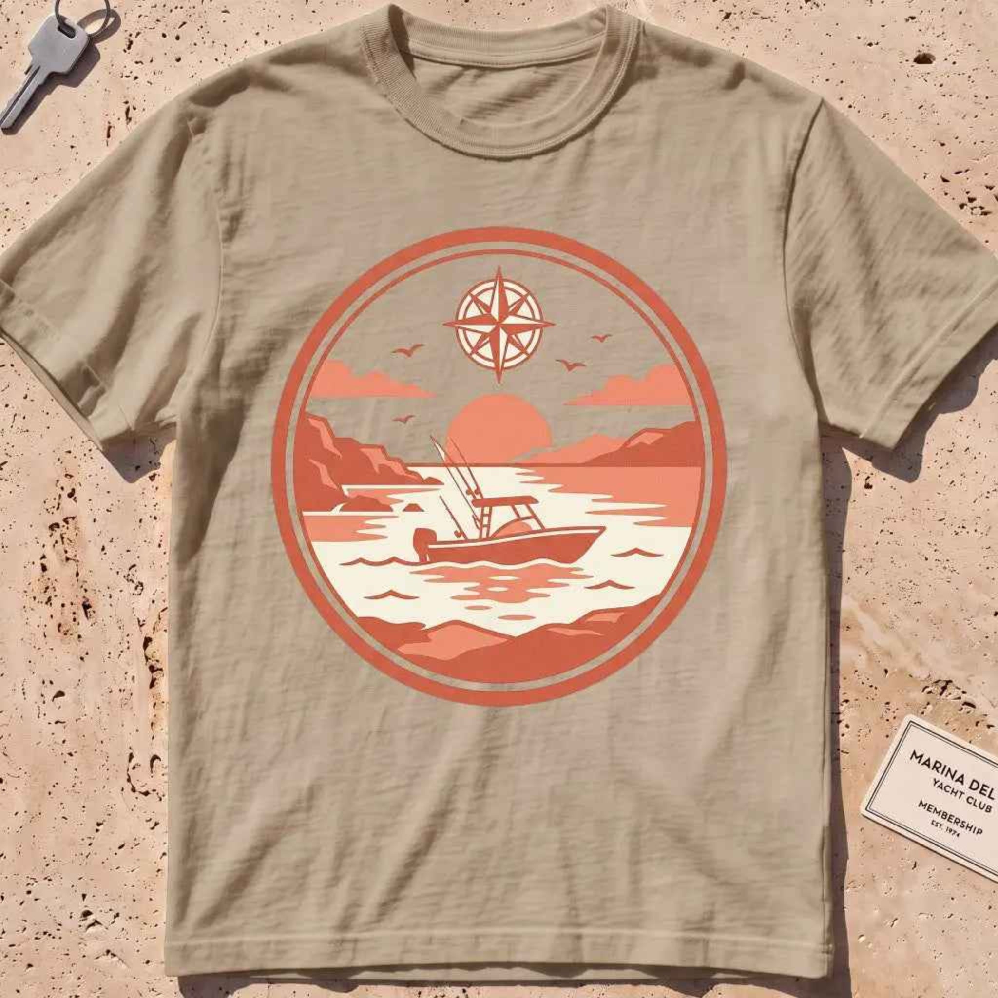 khaki heavyweight tee with a circular sportfisher "Sunset Run" sunset badge.