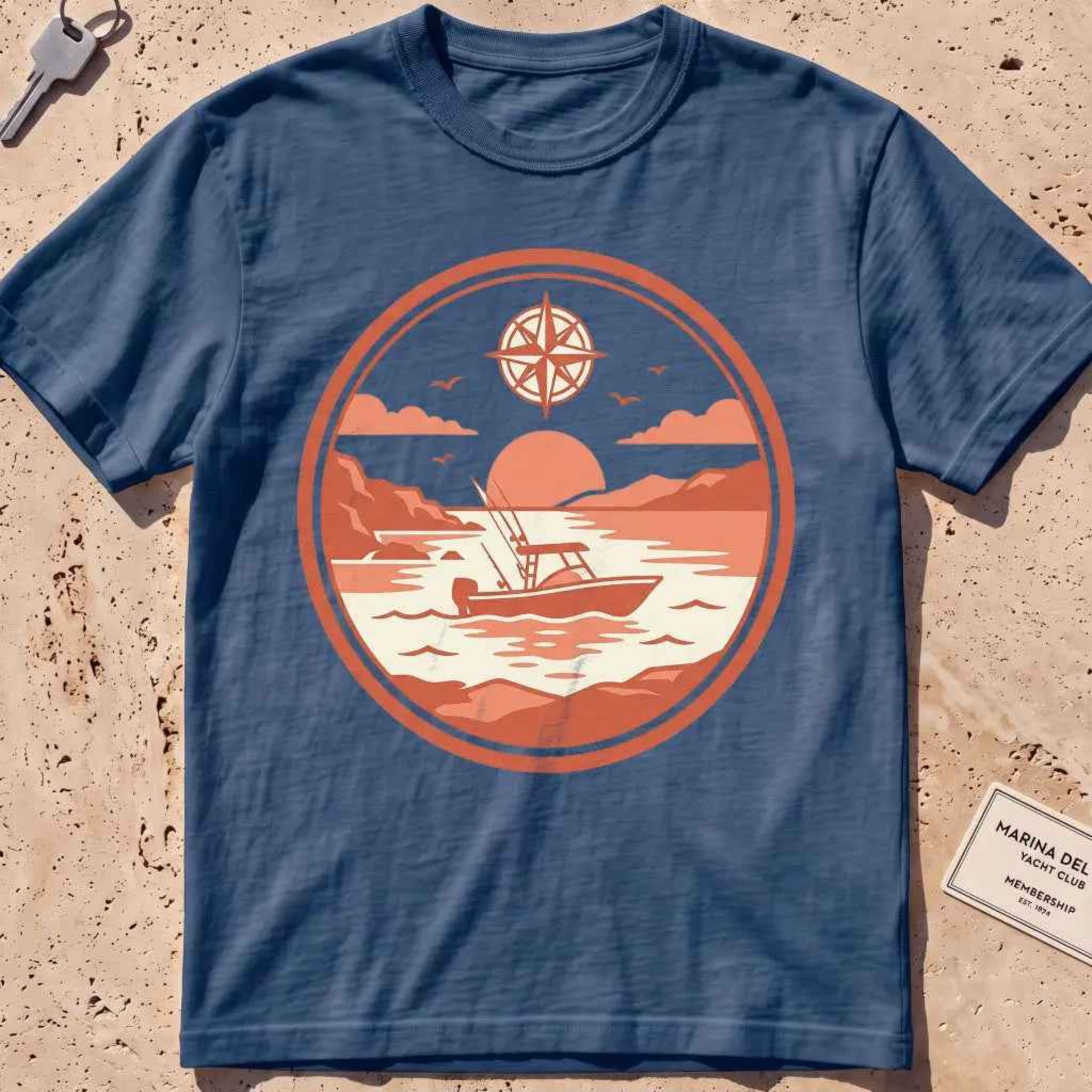 midnight heavyweight tee with a circular sportfisher "Sunset Run" sunset badge.