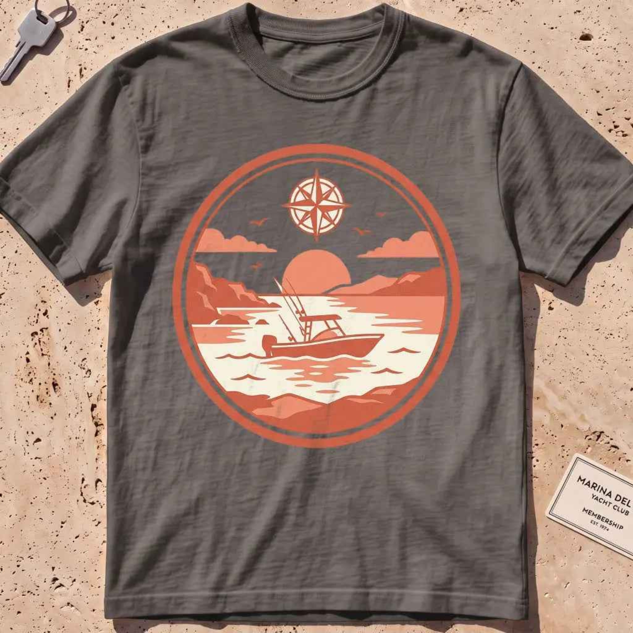 pepper heavyweight tee with a circular sportfisher "Sunset Run" sunset badge.