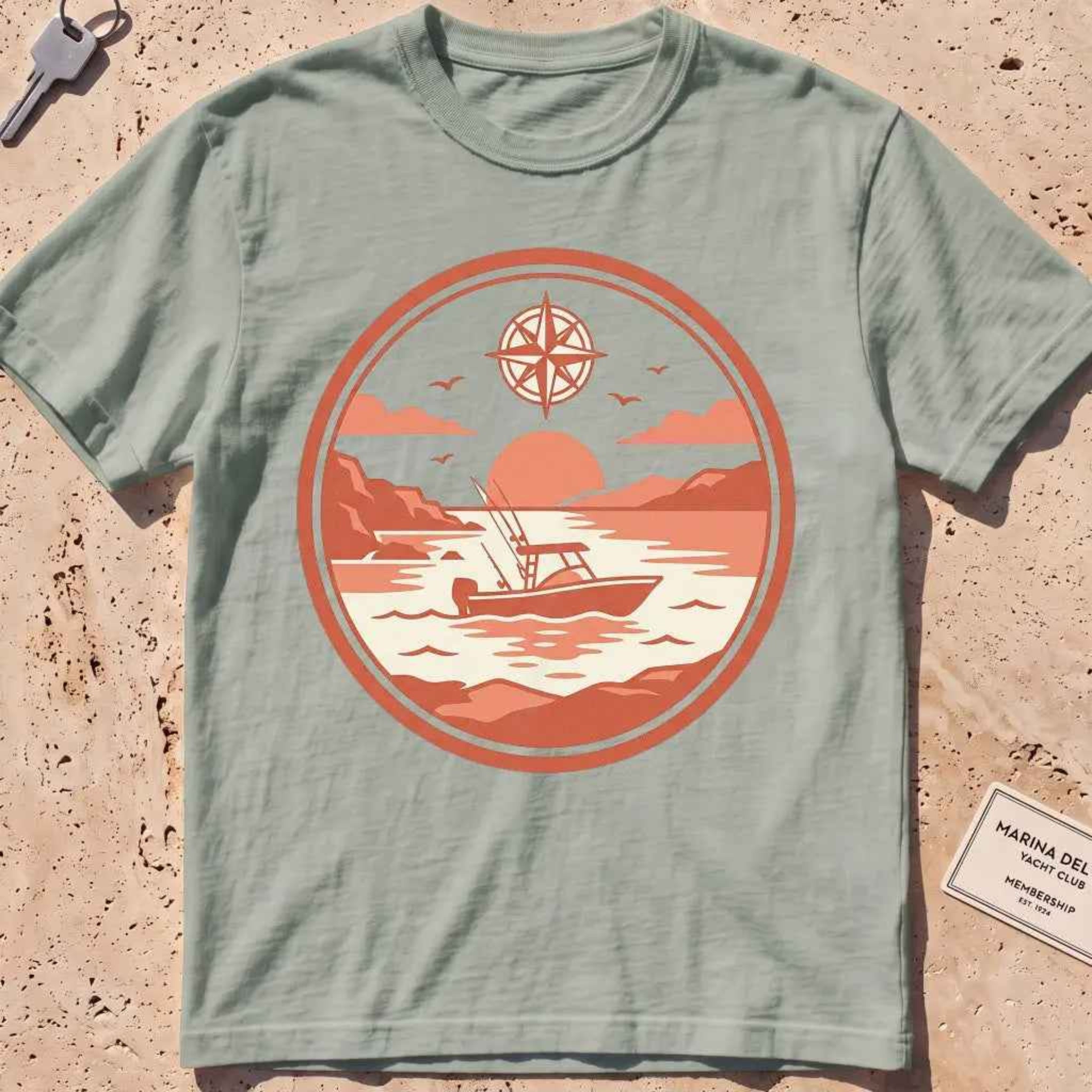 bay heavyweight tee with a circular sportfisher "Sunset Run" sunset badge.