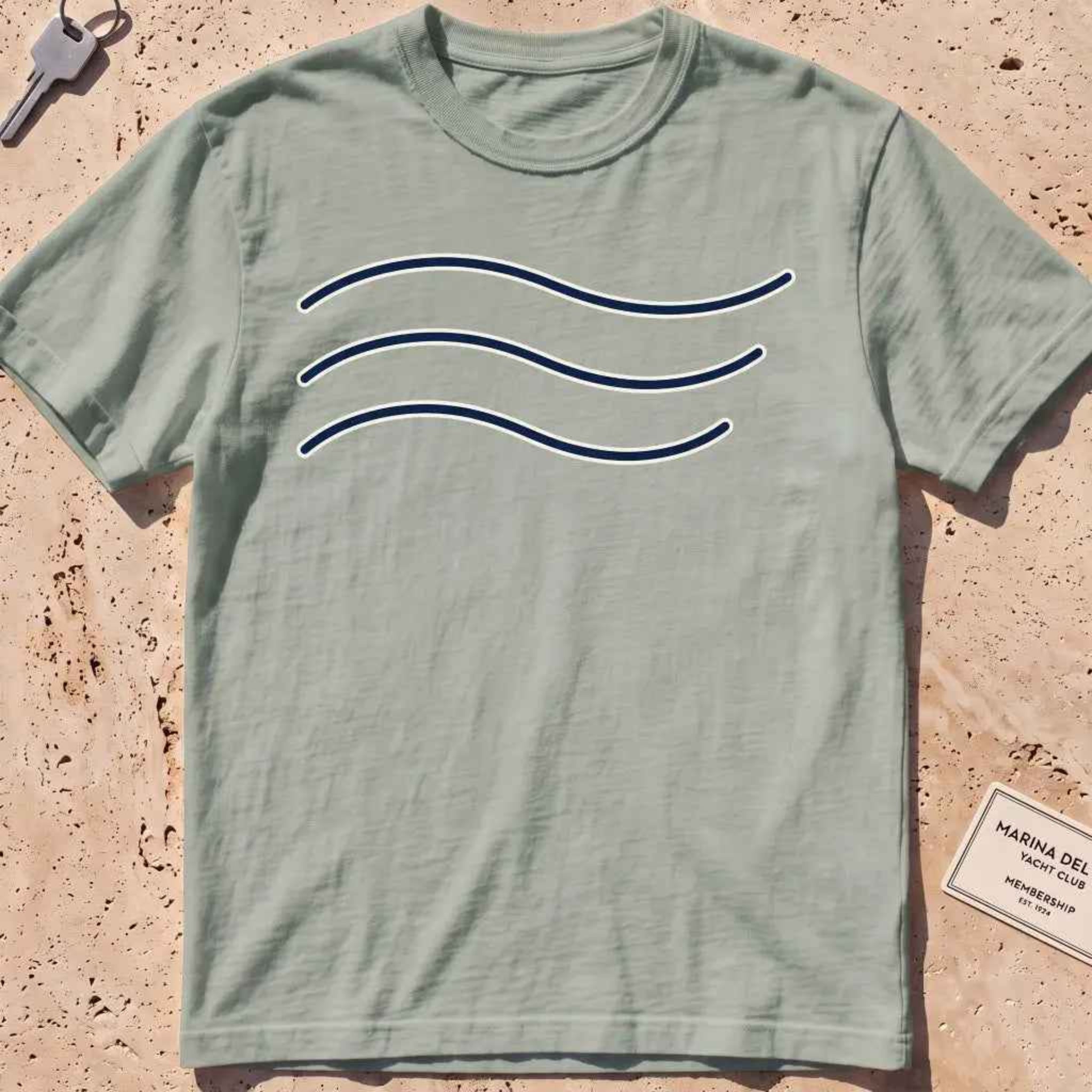 bay heavyweight tee with three minimal-line swell curves graphic.