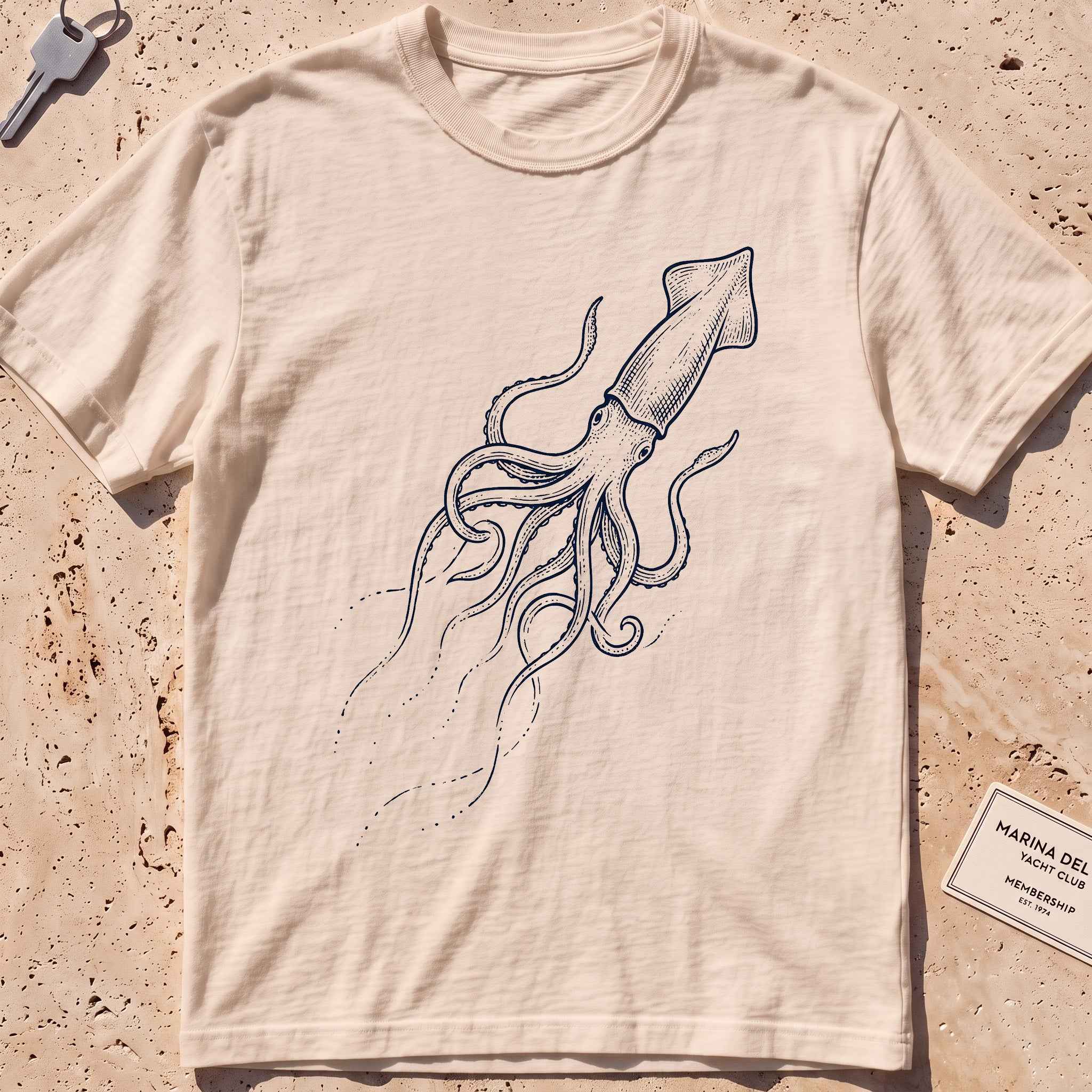 ivory heavyweight tee with an etched giant squid from the deep graphic.