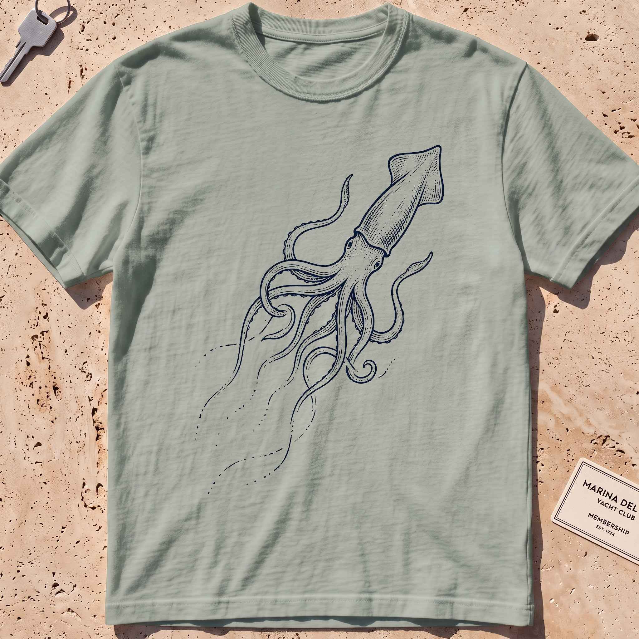 bay heavyweight tee with an etched giant squid from the deep graphic.