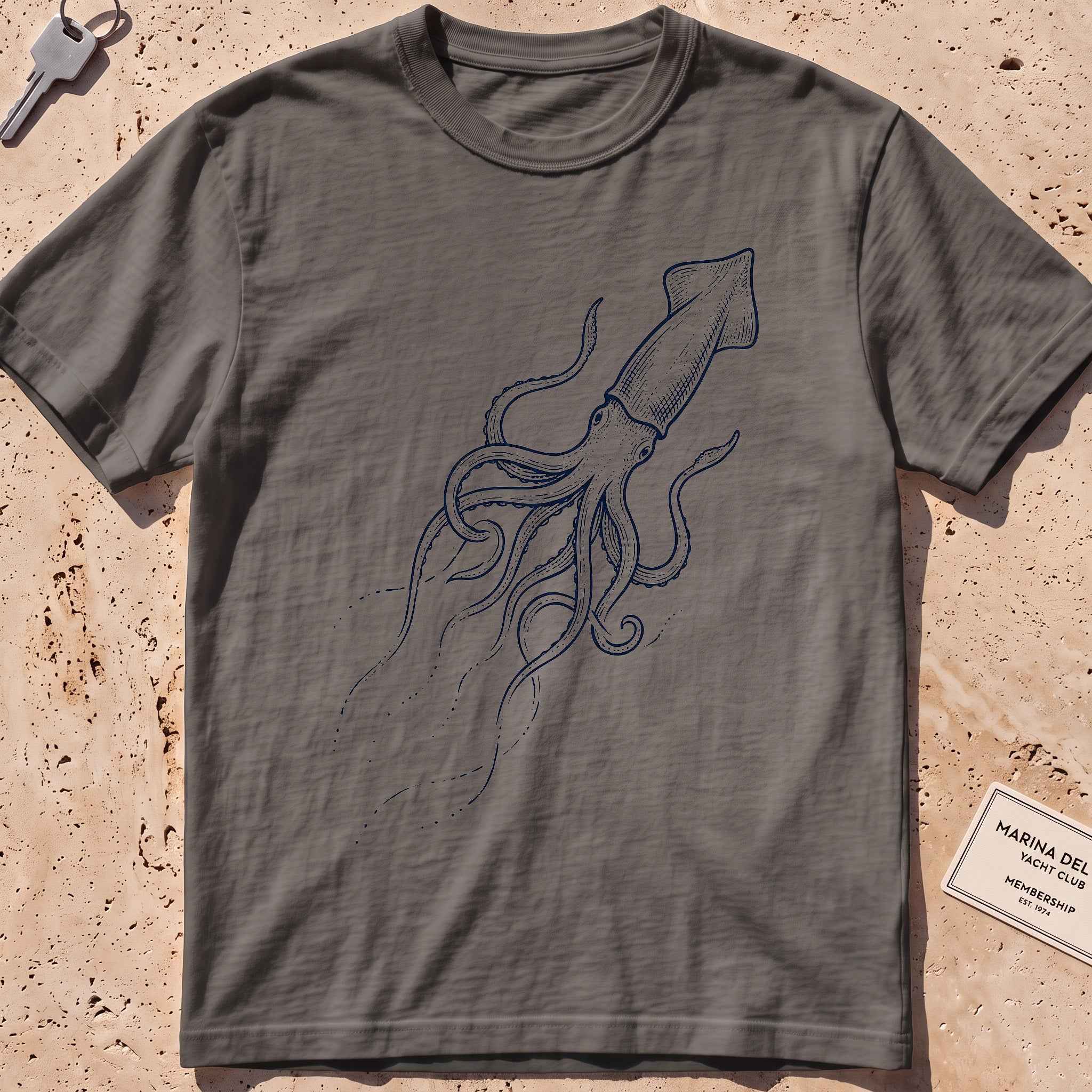 pepper heavyweight tee with an etched giant squid from the deep graphic.