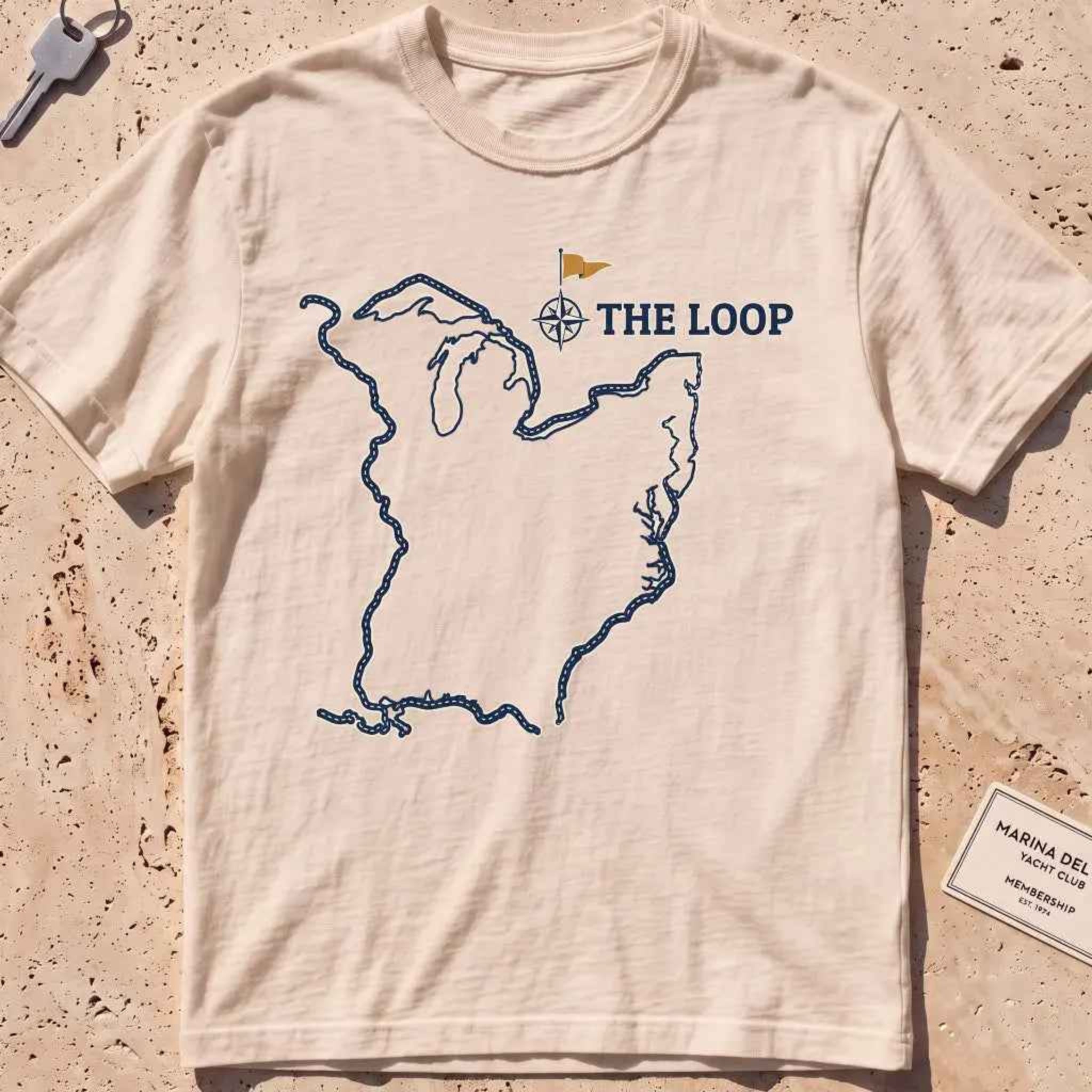ivory heavyweight tee with a Great Loop route map and burgee graphic.