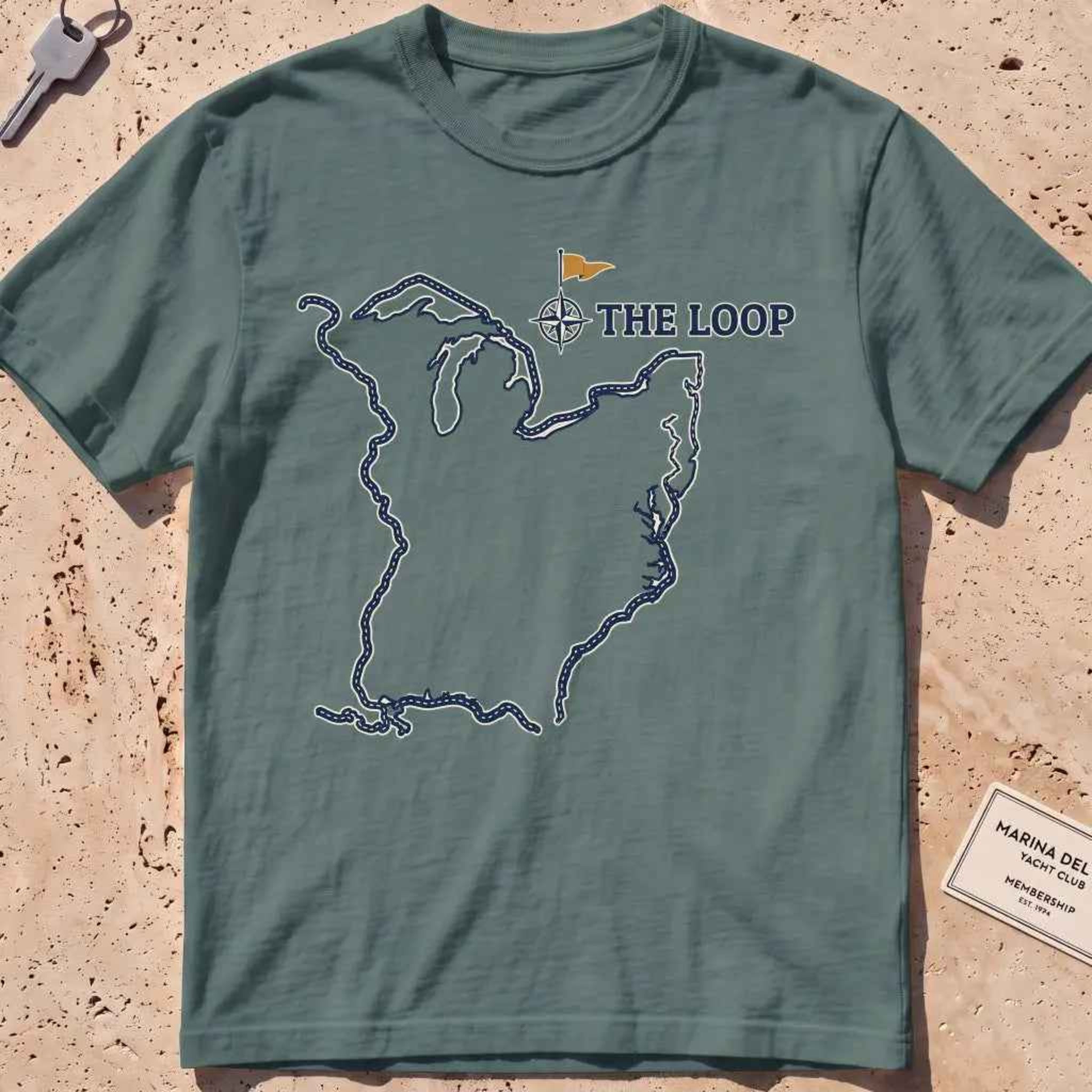 blue spruce heavyweight tee with a Great Loop route map and burgee graphic.