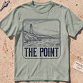 bay heavyweight tee with an etched lighthouse point badge graphic.