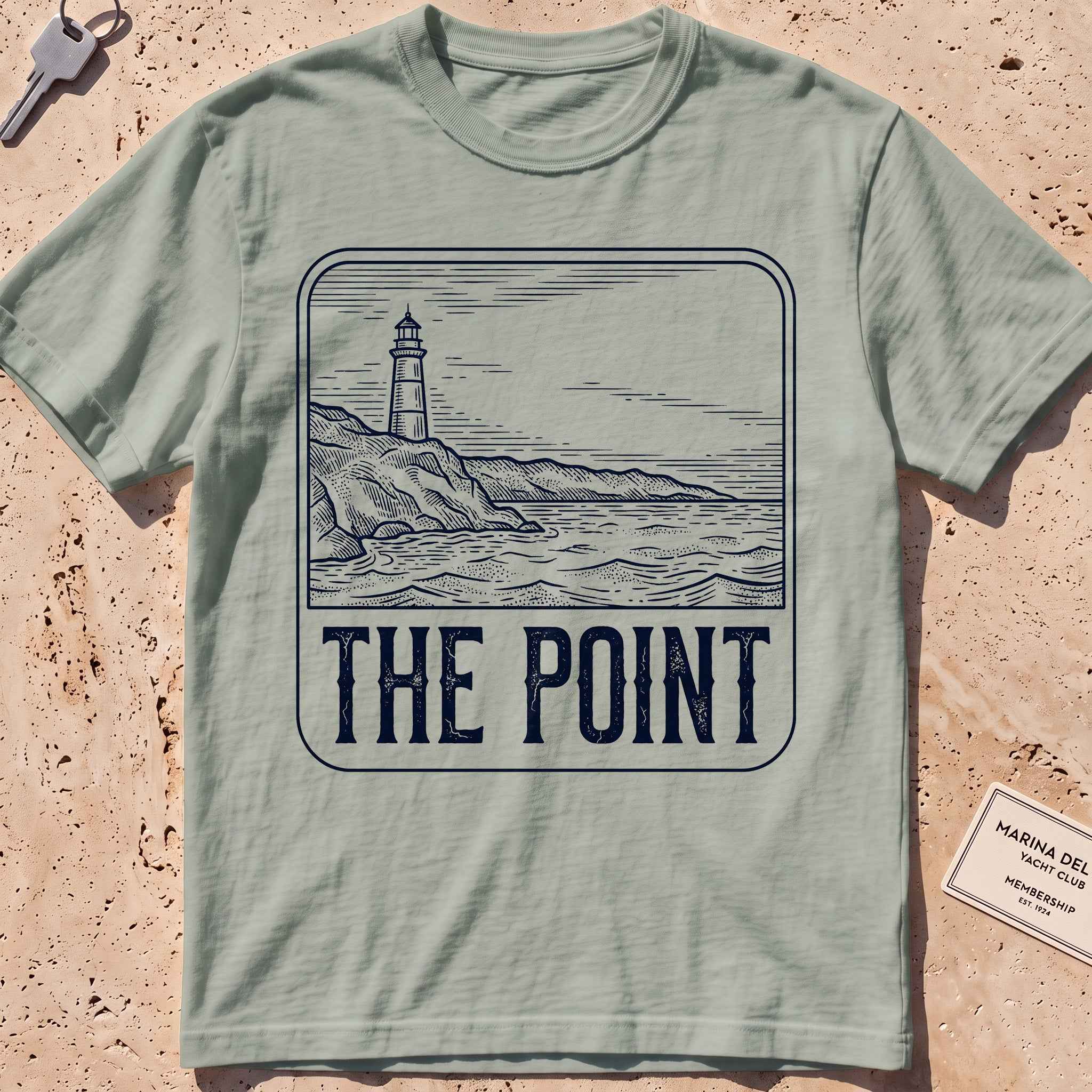bay heavyweight tee with an etched lighthouse point badge graphic.