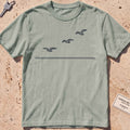 bay heavyweight tee with three single-line gulls in flight graphic.
