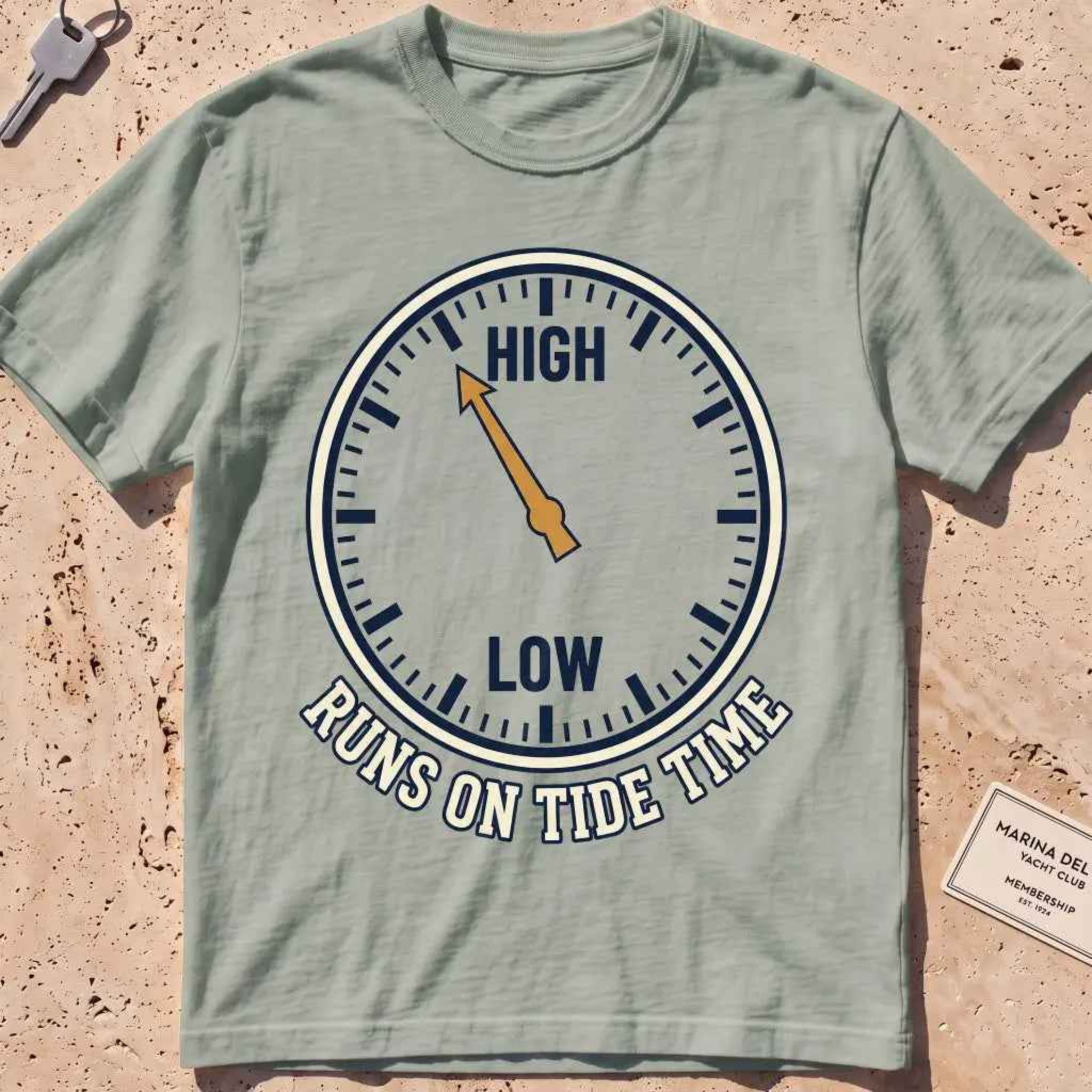 bay heavyweight tee with a tide-clock face and "Runs on Tide Time" text.