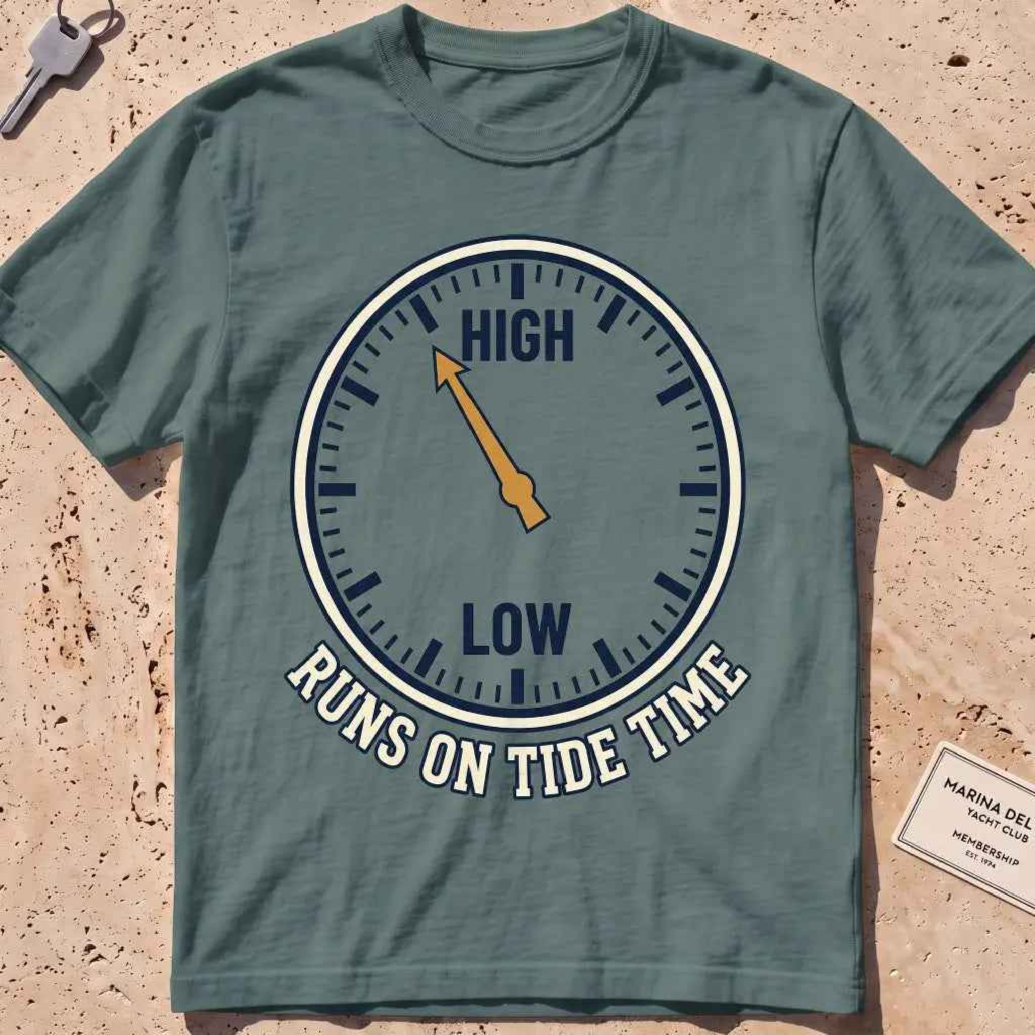 blue spruce heavyweight tee with a tide-clock face and "Runs on Tide Time" text.