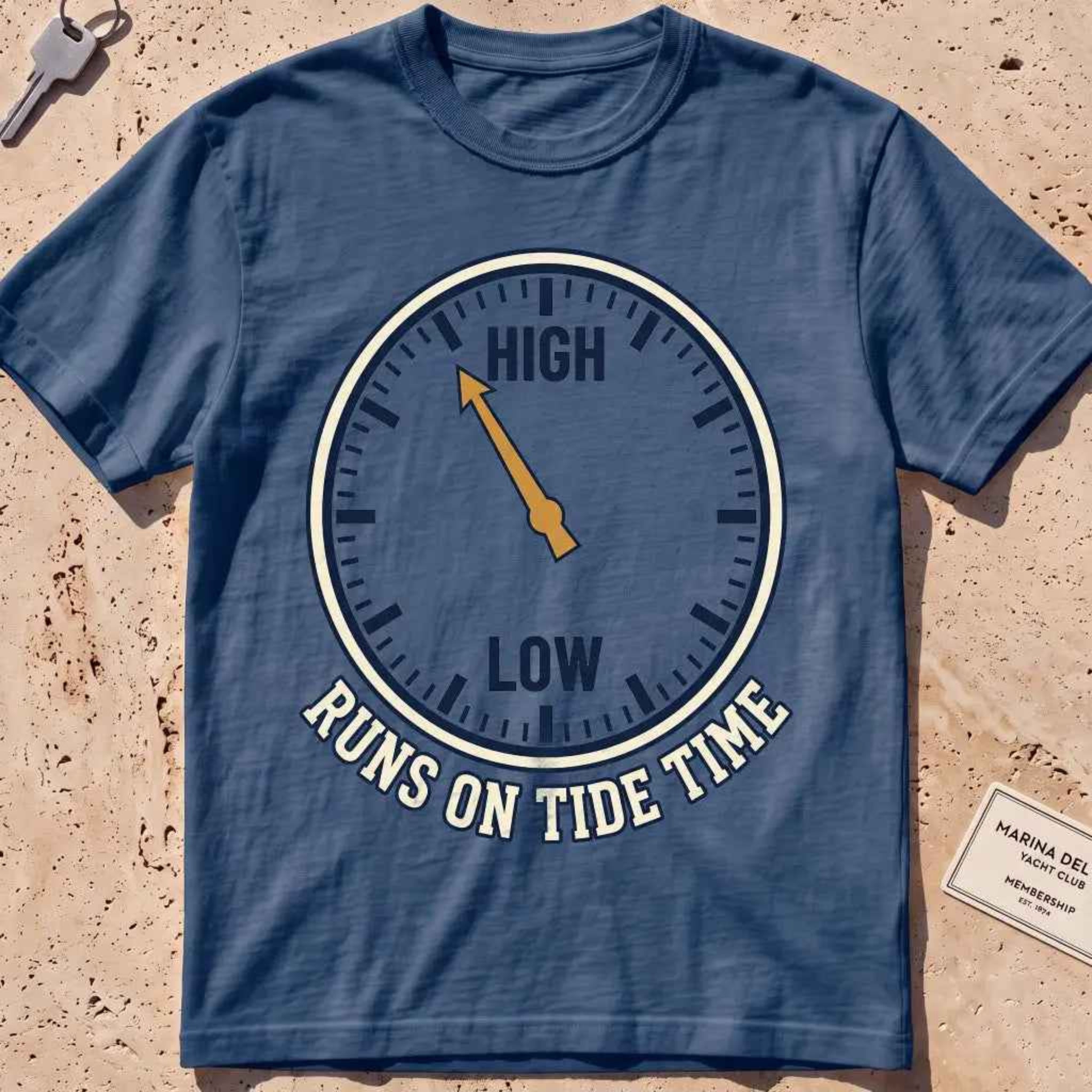 midnight heavyweight tee with a tide-clock face and "Runs on Tide Time" text.