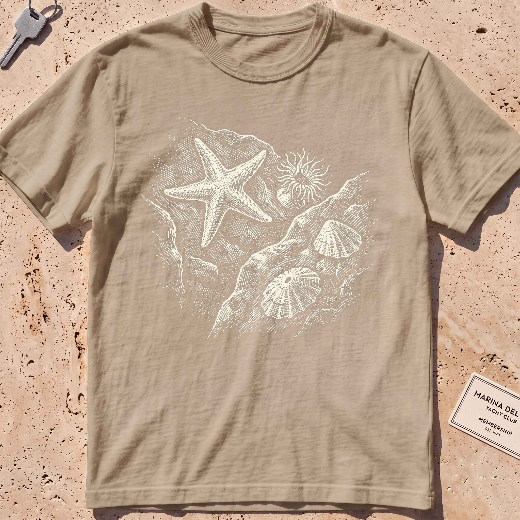 khaki heavyweight tee with an etched starfish and anemone tide pool graphic.