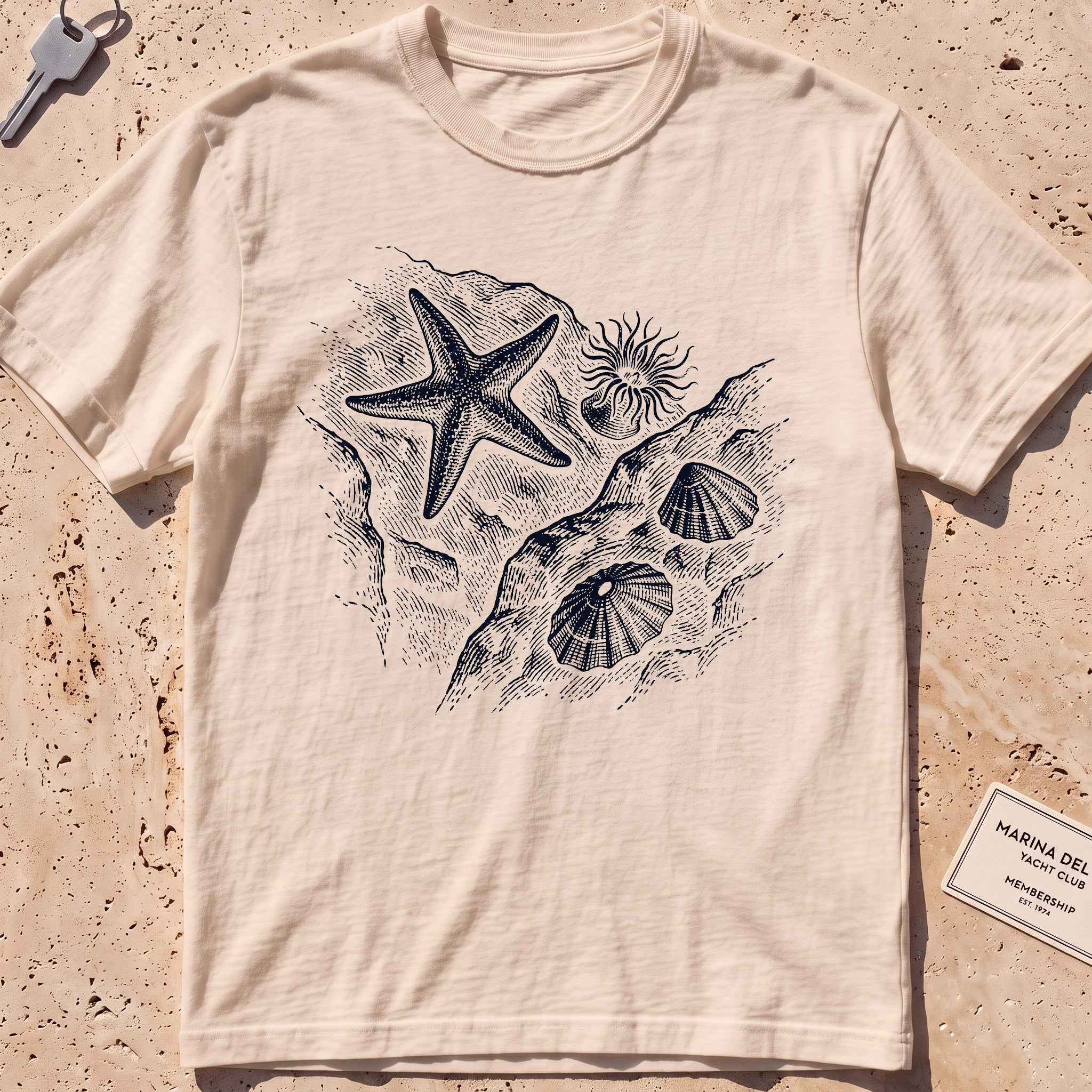 ivory heavyweight tee with an etched starfish and anemone tide pool graphic.
