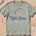 bay heavyweight tee with a bent rod and "Tight Lines and Good Times" script.
