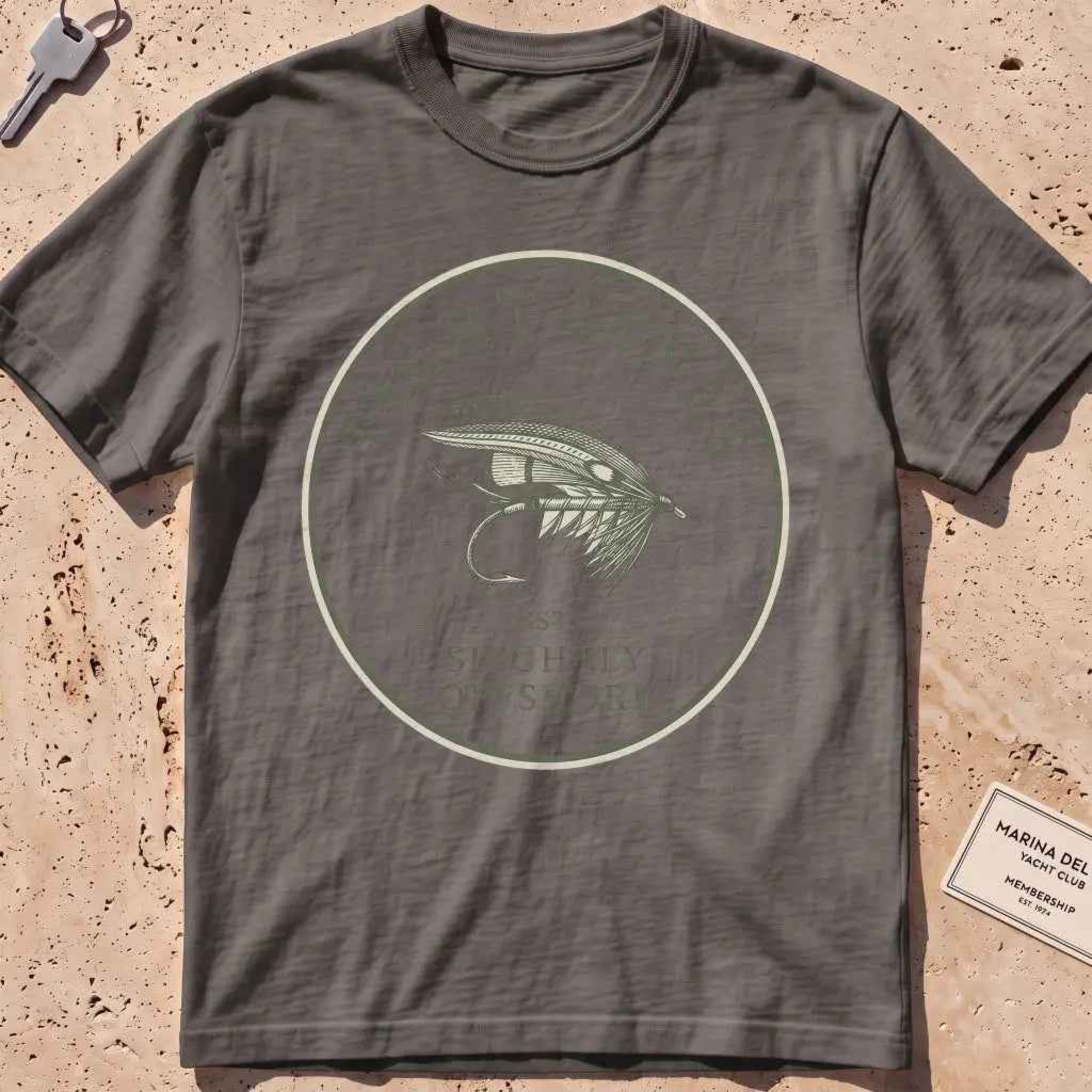 pepper heavyweight tee with an engraved "Tight Lines" fly-fishing crest.