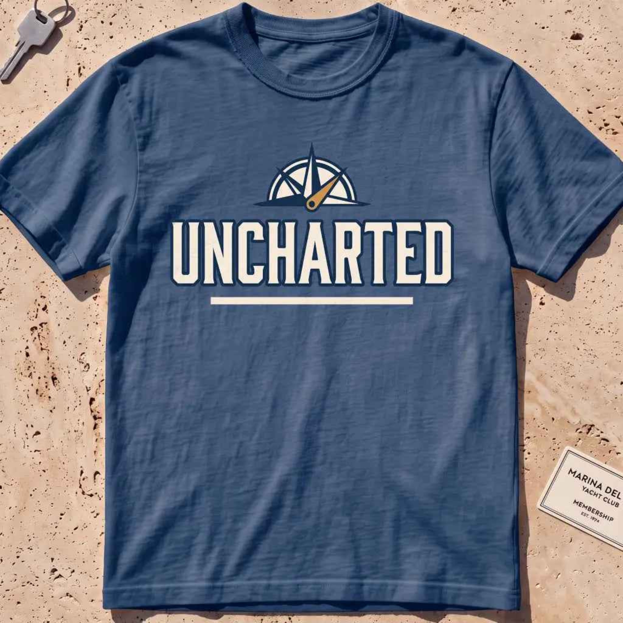 midnight heavyweight tee with a compass and bold "Uncharted" exploration type.