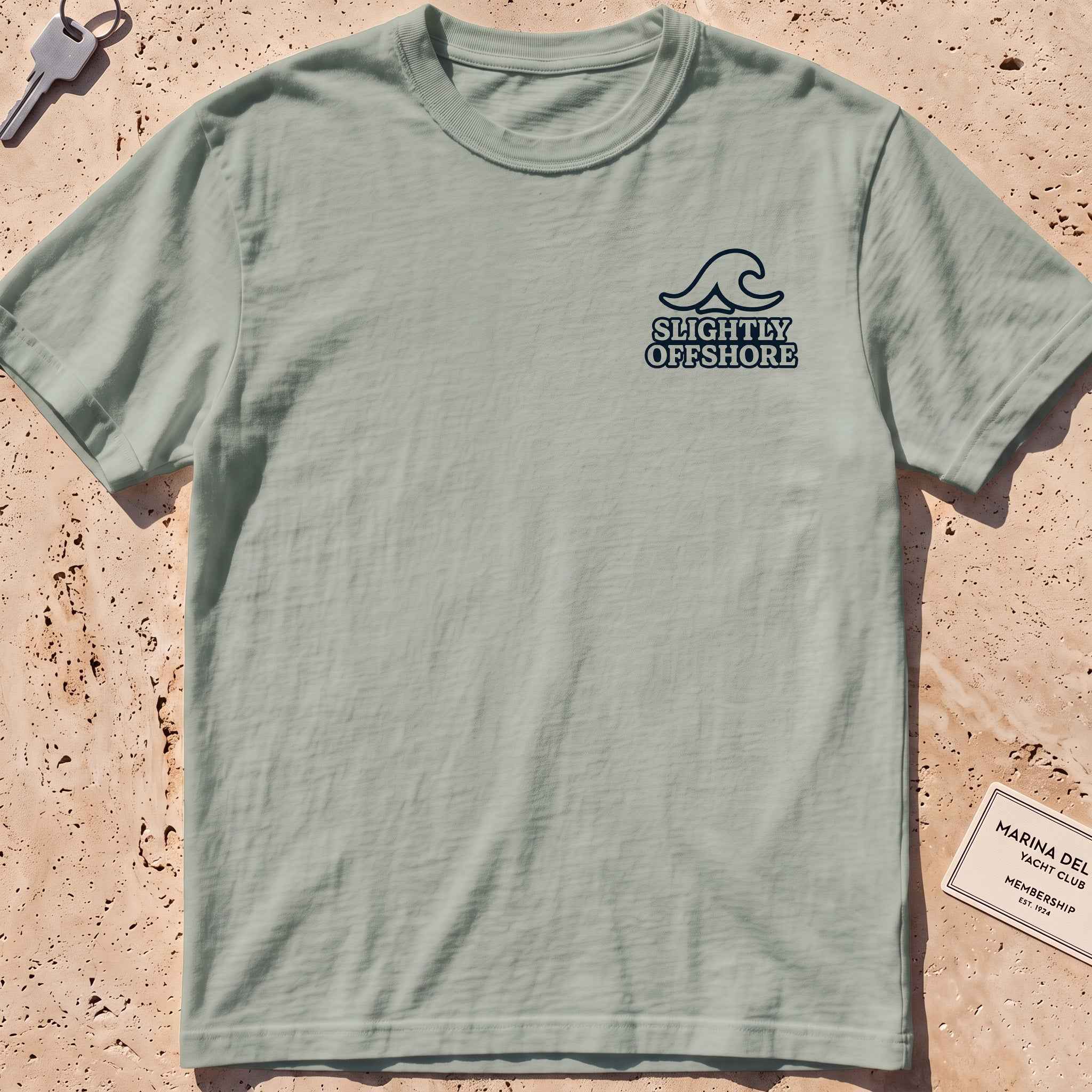 bay heavyweight tee with a single wave and wordmark crest graphic.