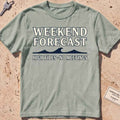 bay heavyweight tee with a "High Tides, No Meetings" weekend-forecast graphic.