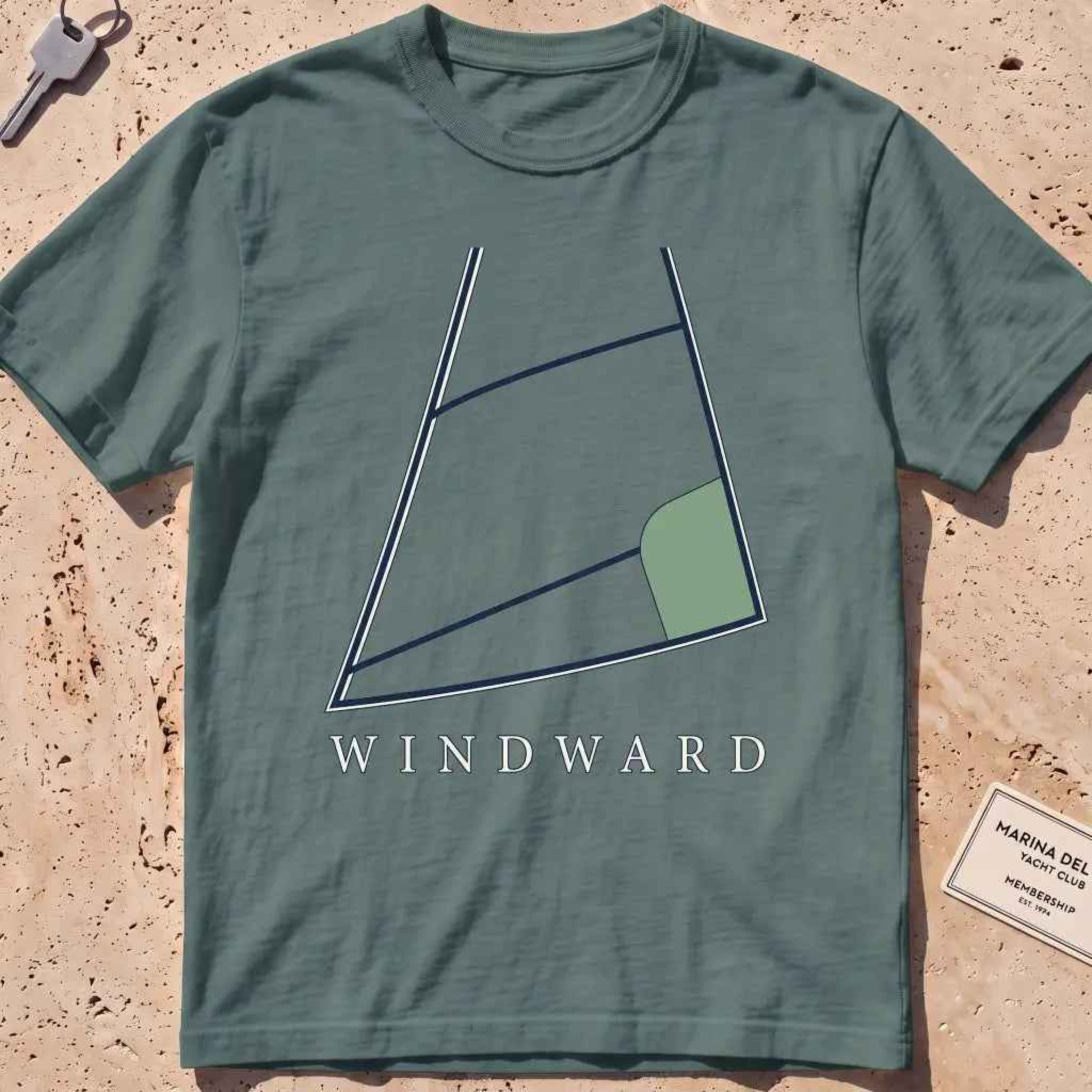 blue spruce heavyweight tee with a bold close-cropped mainsail filling the frame graphic.